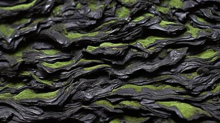 green algae growing on black shingle, in the style of tabletop photography