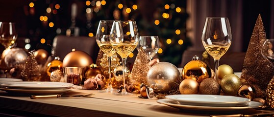 Christmas table setting, golden xmas balls, festive decoration with champagne, bokeh, ai generated