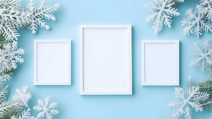 Wall Mural - Minimalistic picture frame empty mockup template decorated with Winter white snowflakes