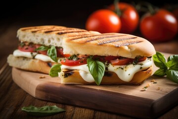 Wall Mural - An inviting image of a gourmet Caprese Panini waiting to be devoured. The ciabatta bread is expertly grilled, offering a delightful crunch with every bite, while the combination of sliced