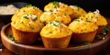 An Enticing Shot Showcasing A Platter Of Cheesy Cornbread Muffins. The Moist And Golden Muffins Are Studded With Sweet Corn Kernels, Topped With Melted Cheddar Cheese, And Garnished With