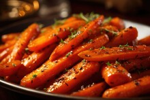 An enticing image of a vibrant honeyglazed roasted carrots dish, each tender and caramelized carrot adorned with a delicate sprinkle of thyme leaves, enhancing the dishs natural sweetness