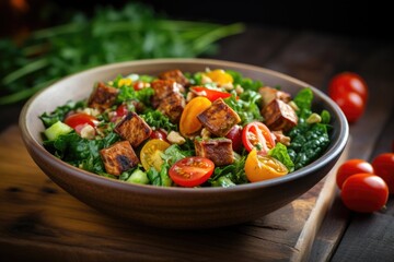 Wall Mural - This visually pleasing food shot showcases a colorful tempeh salad bowl, filled with a nutritious mix of fresh greens, cherry tomatoes, chunks of marinated tempeh, roasted sweet potato cubes,