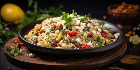 Wall Mural - A delectable shot of a Moroccaninspired couscous salad, combining fluffy couscous with tender chickpeas, tangy feta cheese, sundried tomatoes, and a medley of fresh Mediterranean herbs,