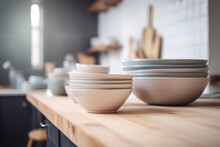 Ceramic Bowls On A Kitchen Background. Generative AI