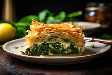 Wall Mural - An artistic shot capturing the layers of Spanakopita from a side angle, revealing the sumptuous blend of spinach, feta cheese, and herbs confined within the crispy phyllo pastry, inviting