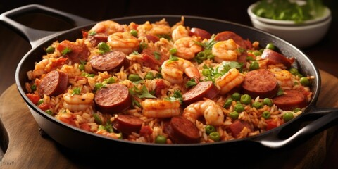Wall Mural - Experience a burst of flavors with this Cajuninfused jambalaya, featuring a delectable trio of tender chicken, juicy shrimp, and smoky sausage. The dish is bursting with an enticing array
