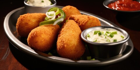 Wall Mural - Steaming hot, goldenfried croquetas, filled with a creamy blend of finely minced ham, cheese, and a touch of nutmeg, boasting a crispy exterior and a meltinyourmouth center.