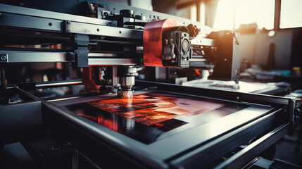 Close-up of a press printing machine in operation of printing in color. Printing house, publishing industry. 