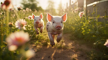 Adorable Little Pigs Running Happily. Cute Puppies.