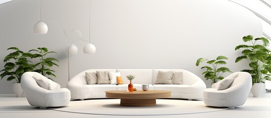 Wall Mural - Modern white walled living room with a circular ceiling depicted in 3D