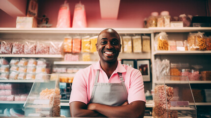 Black man working at a candy shop