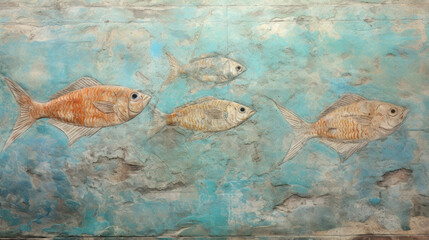 Wall Mural - Old wall fresco of fish, damaged vintage mural of animals, ancient art