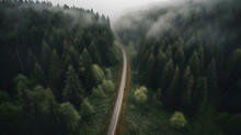 Aerial View Of A Road Through The Green Forest. Drone Photography, Top View