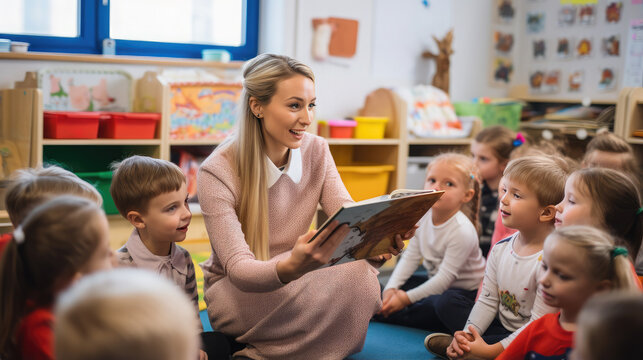 Generative AI, young beautiful woman kindergarten teacher reading a book to children, nanny, day care group, child, toddler, kids, primary school, children's room, Montessori, Reggio, pedagogy