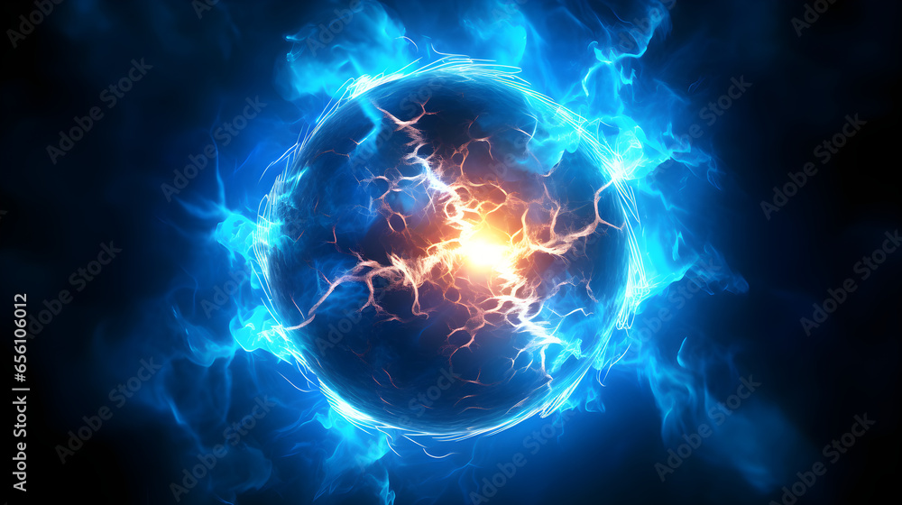 Blue electric sphere plasma ball lightning abstract background, with ...