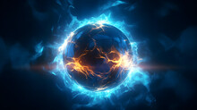 Blue Electric Sphere Plasma Ball Lightning Abstract Background, With Lightning In The Dark. 3D Rendering.