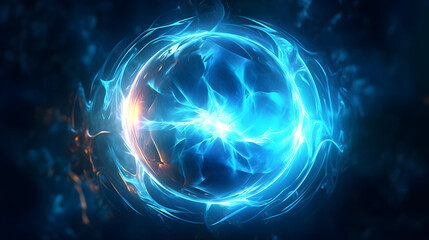 blue electric sphere plasma ball lightning abstract background, with lightning in the dark. 3d rende