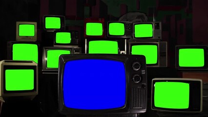 Wall Mural - stacked televisions with green screen and one retro tv with blue screen. 4k resolution.
