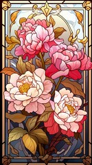 Wall Mural - An illustration of a stained glass window with peony's. Generative AI. 