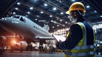 . An aero spatial engineer in safety gear uses a tablet for testing.