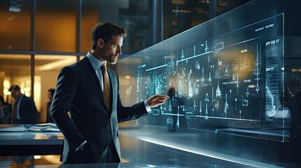 Wall Mural - A businessman in a suit analyzing data on a screen. Big data tech company, enterprise concept