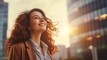 Wall Mural - professional businesswoman, curly hair framing her face,posing in front of majestic urban space