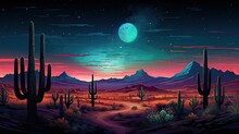 A Desert Landscape With Cactuses And Mountains
