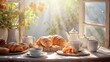 An image of a breakfast table adorned with bread, pastries, and morning light filtering through soft pastel curtains. AI generated