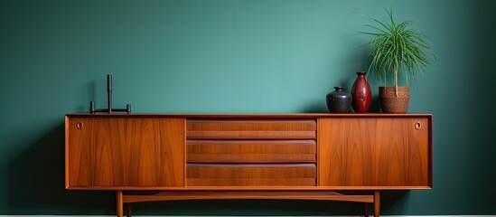 Wall Mural - A Danish teak sideboard from the 1960s stands in the living room adorned with a high quality Danish design lamp