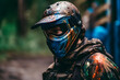 Portrait of a man paintball player in the forest. training, team building