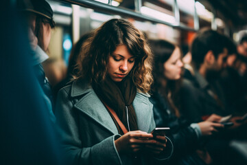 Wall Mural - Woman inside a train with a slight smile on her face looking at her phone