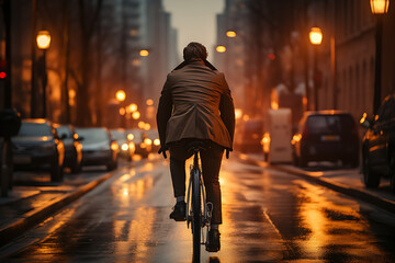 A businessman cycling on a city street with yellow lights along the road, the road is wet with rainwater, rear view, clean.