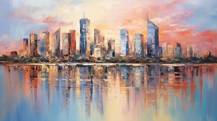 Wall Mural - Skyline city view with reflections on water. Original oil painting on canvas