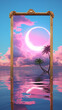 Vaporwave mirror, palm tree and beach with neon colors.Frame over fantasy landscape in the style of varying perspective.Anamorphic art. Surrealist composition. Portal to another dimension