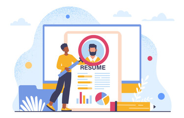 Wall Mural - Candidate search concept. Vacancy in company and organization. Headhunting and recruiting. Search for employee or wworker. HR manager with resume. Cartoon flat vector illustration