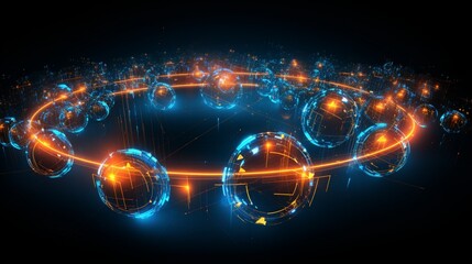 Wireless systems, globalization, big data. Data analytics, blockchain technology. 3D illustration of circular paths. Orbital motion abstract background