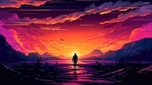 Silhouette Of A Man In A Hat Against The Background Of A Night Sunset. Fantasy Concept , Illustration Painting.