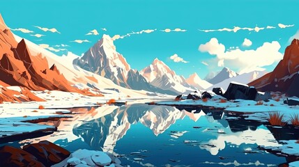Wall Mural - Snow-capped mountains reflected in a lake. Fantasy concept , Illustration painting.