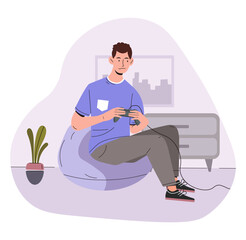 Wall Mural - Gamer boy with joystick concept. Man in casual clothes with gamepad sitting indoor. Fun and entertainment, leisure. Player and gamer with arcada and video game. Cartoon flat vector illustration
