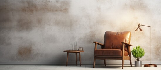 Wall Mural - loft style living room with brown armchair against a concrete wall background