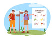 People at scavenger hunt concept. Man and woman with backpacks outdoor. Hiking and camping, active lifestyle. Young couple at nature searching for blue flower. Cartoon flat vector illustration