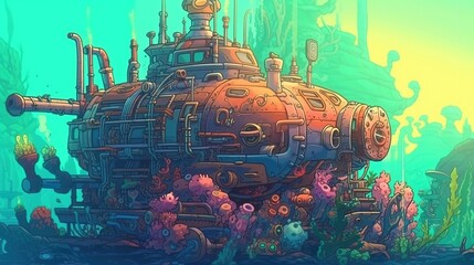 Submarine exploring the depths of the ocean. Fantasy concept , Illustration painting.