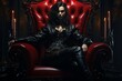 Strict dominatrix sits on a red throne in a black outfit Generative AI