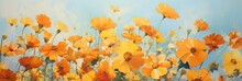 Yellow And Orange Small Flowers, Bright Sky, Heavy Color Oil Painting Stick Style, Generative AI