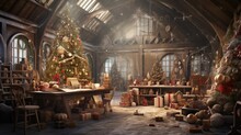 An Enchanting Scene Of A Christmas Crafting Workshop Filled With Creativity And Festive Spirit, With Textured Decorations In The Background, Providing Designated Areas For Text. AI Generated