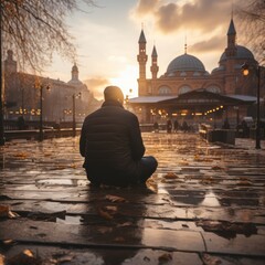 A Muslim seen from behind praying in front of and inside a mosque to fulfill spiritual needs, good for religion, business, websites, social media etc. Generative Ai Image