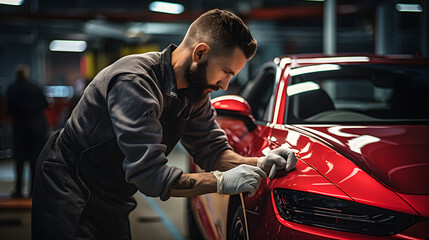 Male car mechanic working installation of a protective paint and varnish transparent film on the car in a workshop