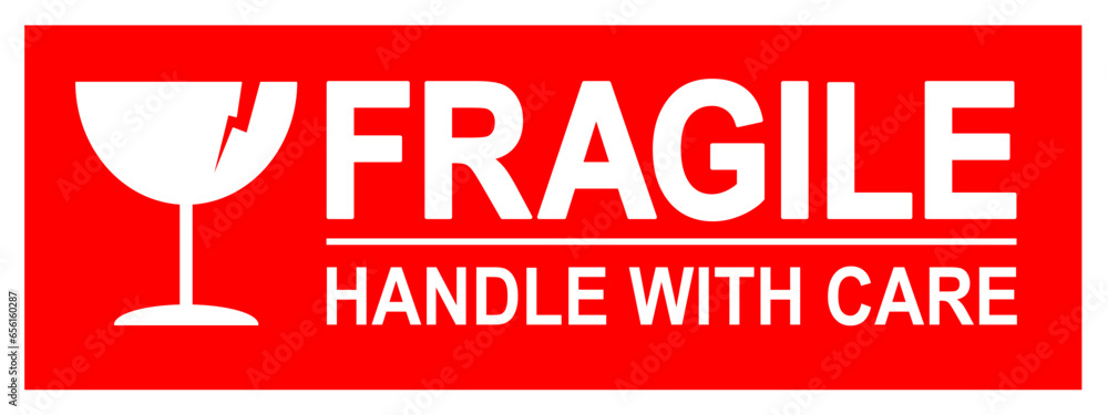 sticker fragile handle with care, red fragile warning label with broken glass symbol