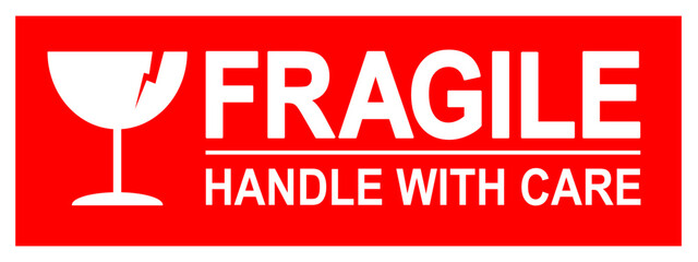 Poster - sticker fragile handle with care, red fragile warning label with broken glass symbol